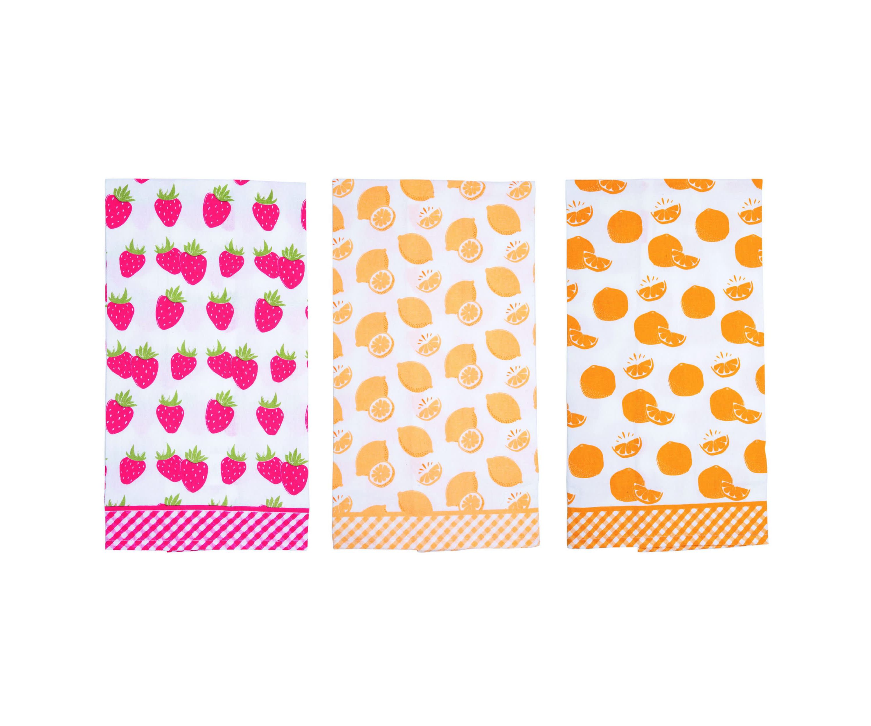 Transpac Cotton Printed Summer Fruit Tea Towel Set of 3 Spring Home Decorations