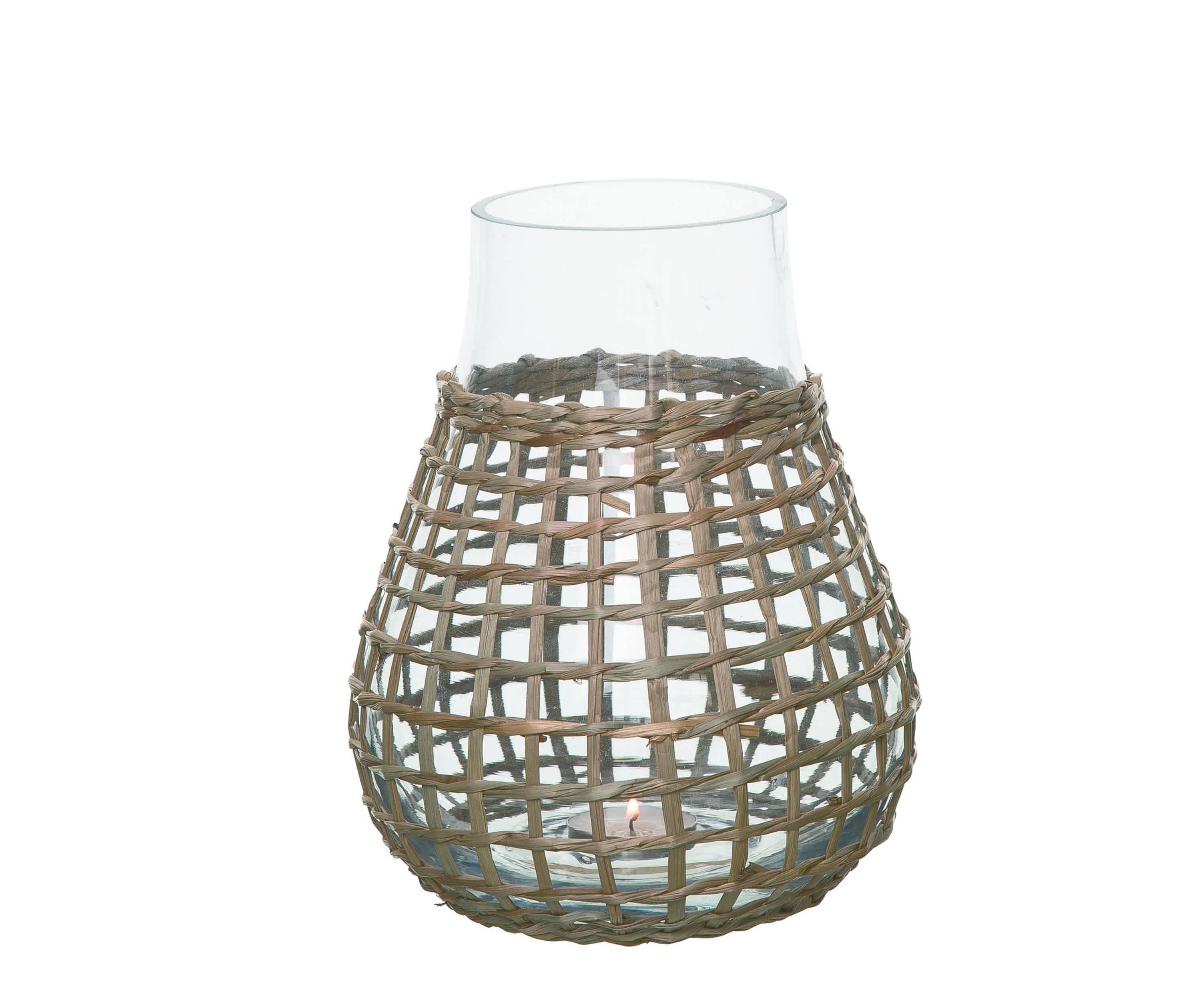 Transpac Glass 7.87 in. Multicolor Everyday Candle Holder with Woven Rattan Accent