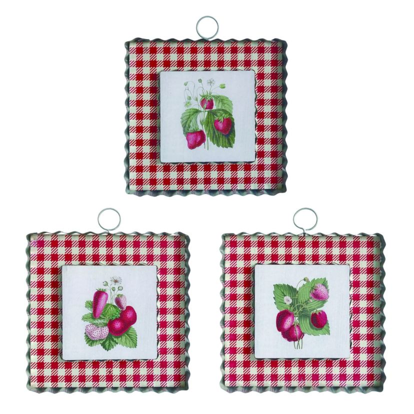 Transpac MDF/Metal Strawberry Plaid Decor Set of 3 Spring Home Decorations