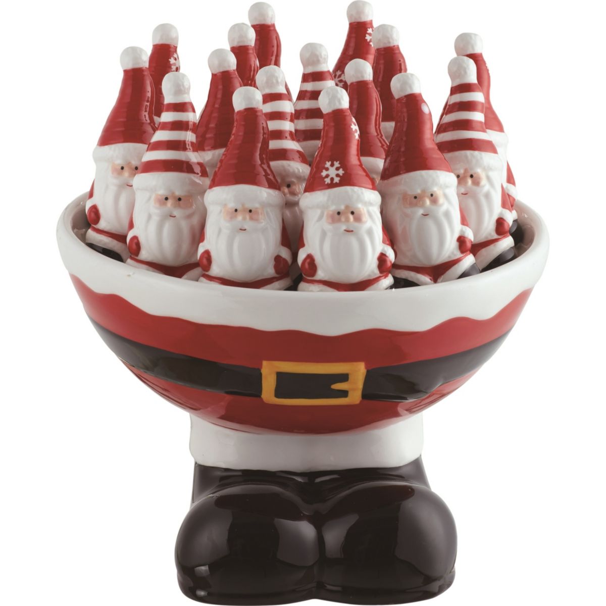 Transpac Dolomite 8.25 in. Multicolor Christmas Santa Salt and Pepper Shaker Set of 17 with Belt Bowl