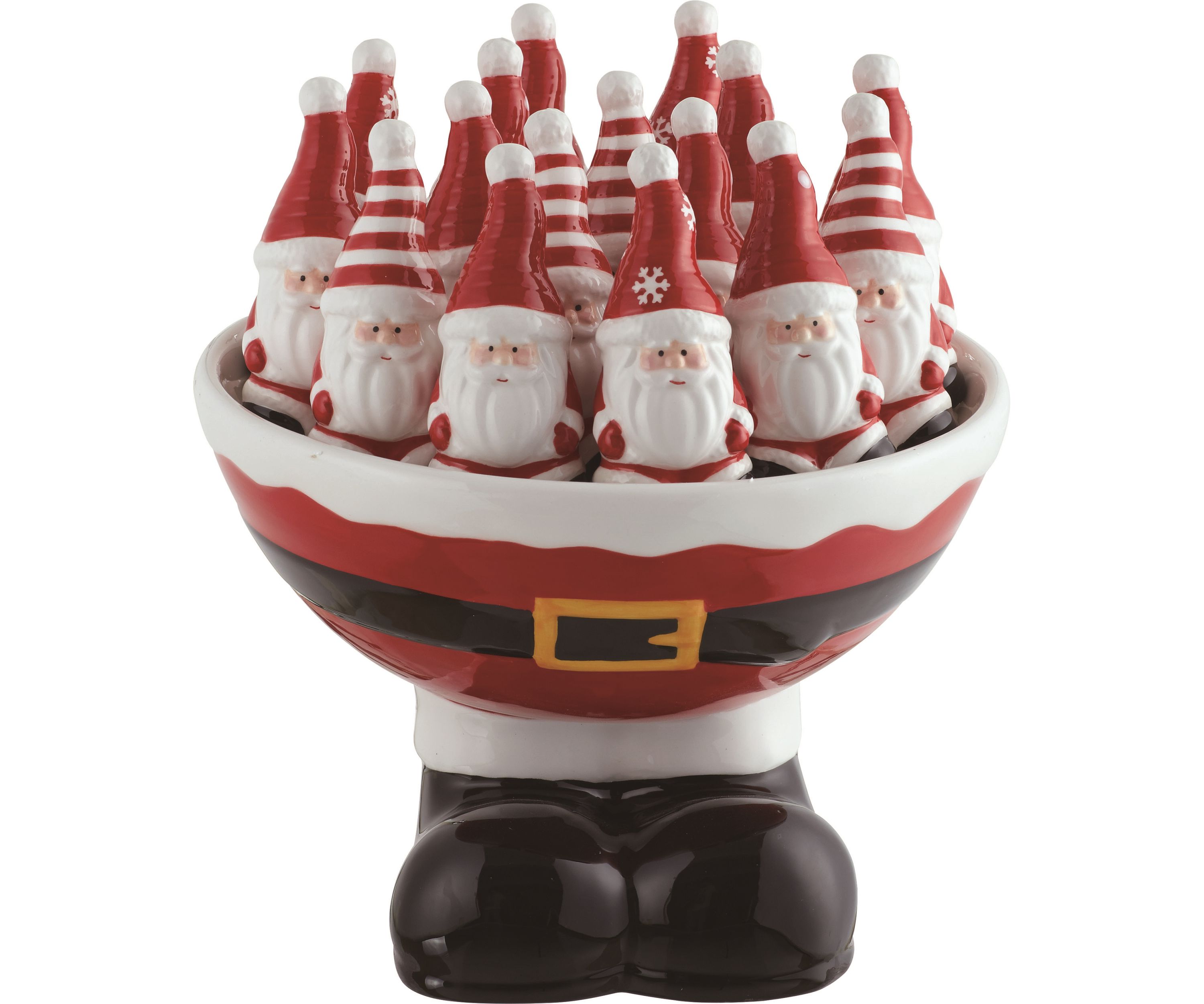 Transpac Dolomite 8.25 in. Multicolor Christmas Santa Salt and Pepper Shaker Set of 17 with Belt Bowl