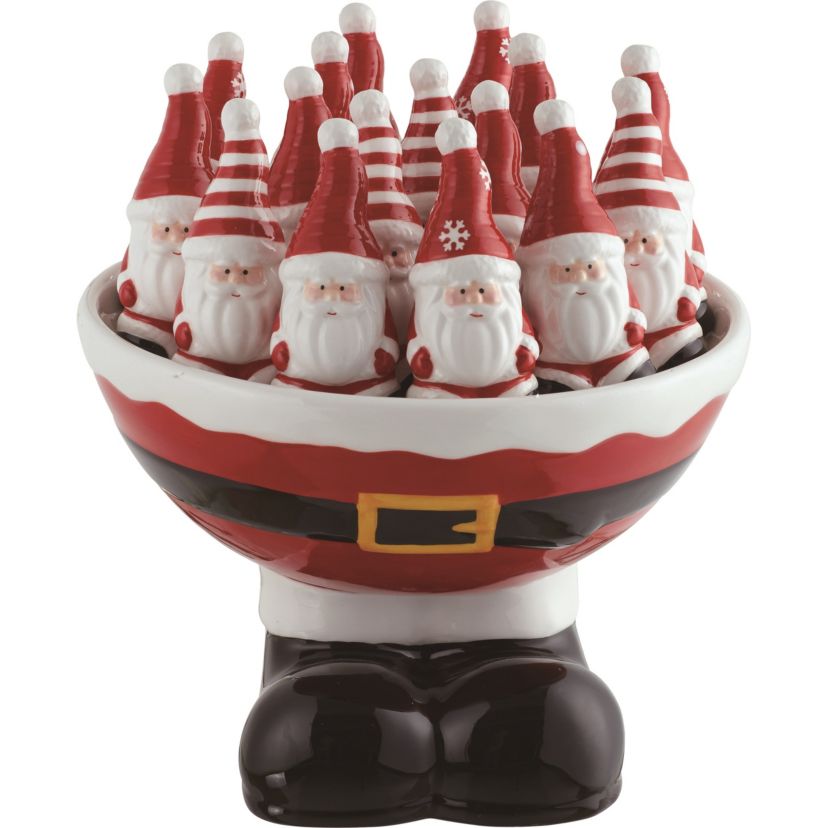 Transpac Dolomite 8.25 in. Multicolor Christmas Santa Salt and Pepper Shaker Set of 17 with Belt Bowl