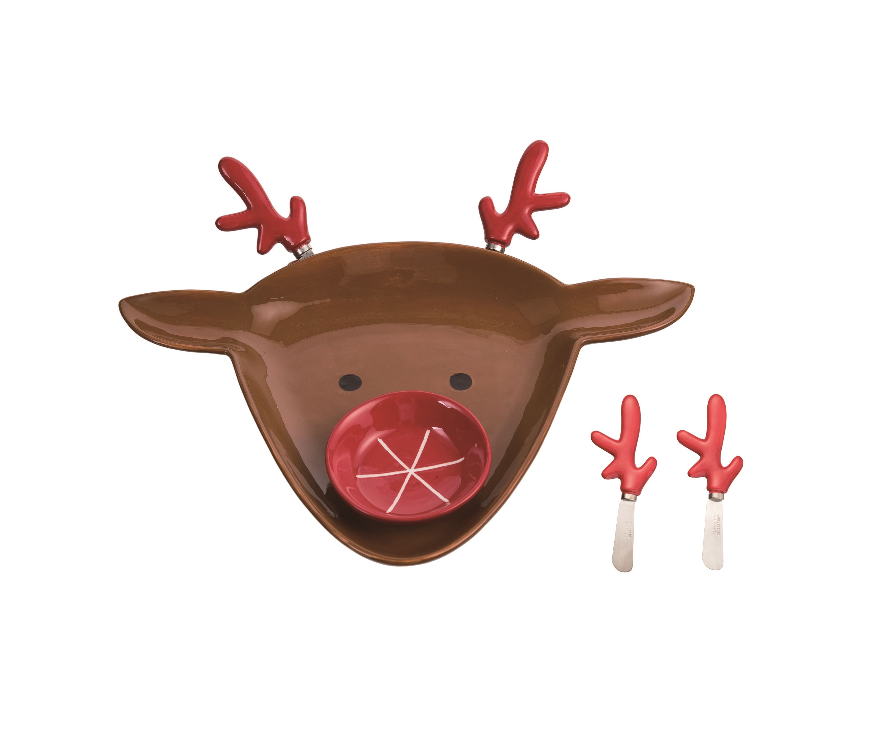 Transpac Dolomite 15 in. Brown Christmas Reindeer Chip and Dip Set of 4