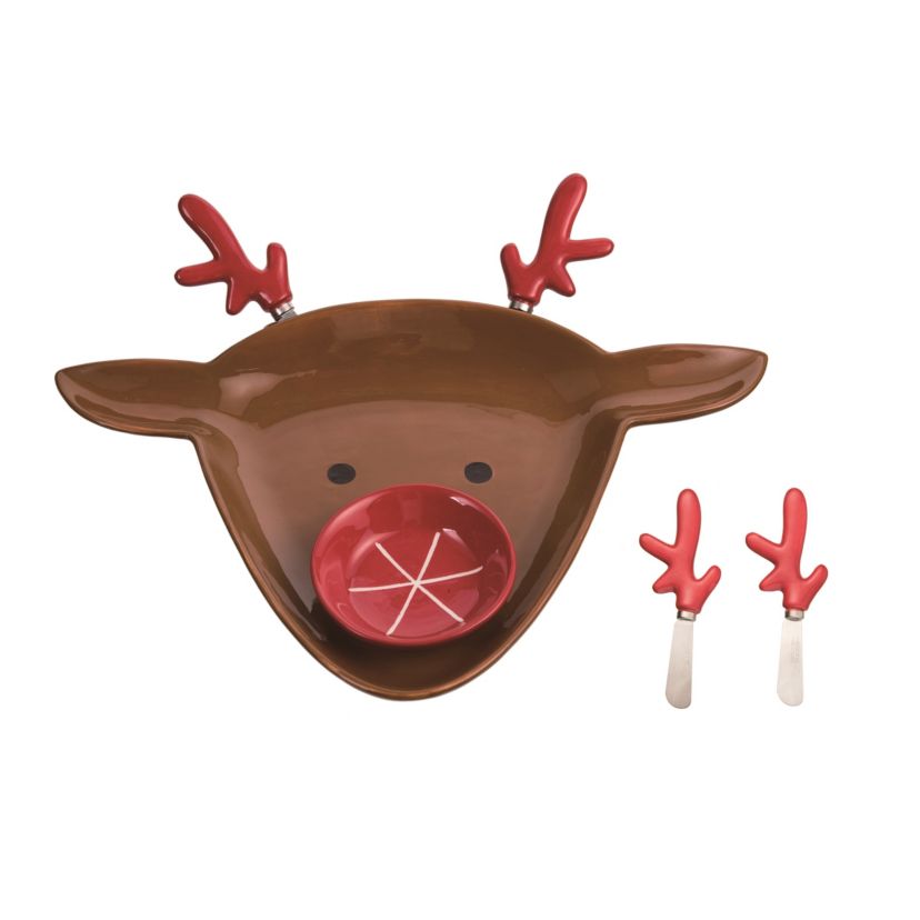 Transpac Dolomite 15 in. Brown Christmas Reindeer Chip and Dip Set of 4