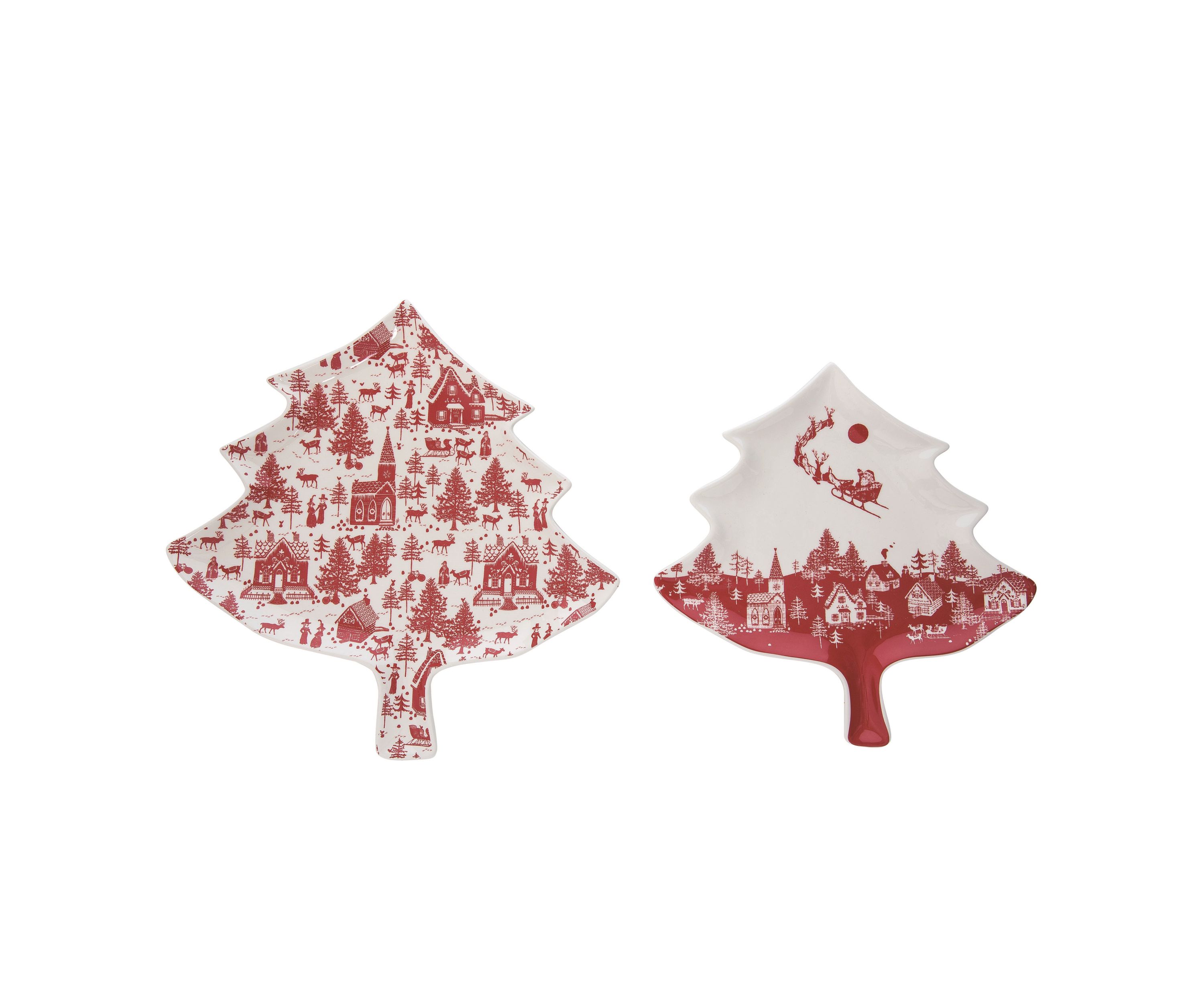 Transpac Dolomite 14.25 in. Multicolor Christmas Tree Shaped Toile Plates Set of 2