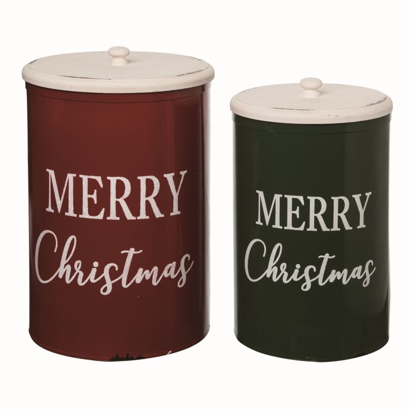 Transpac Metal 14.5 in. Multicolor Christmas Merry Holiday Container with Lid Set of 2