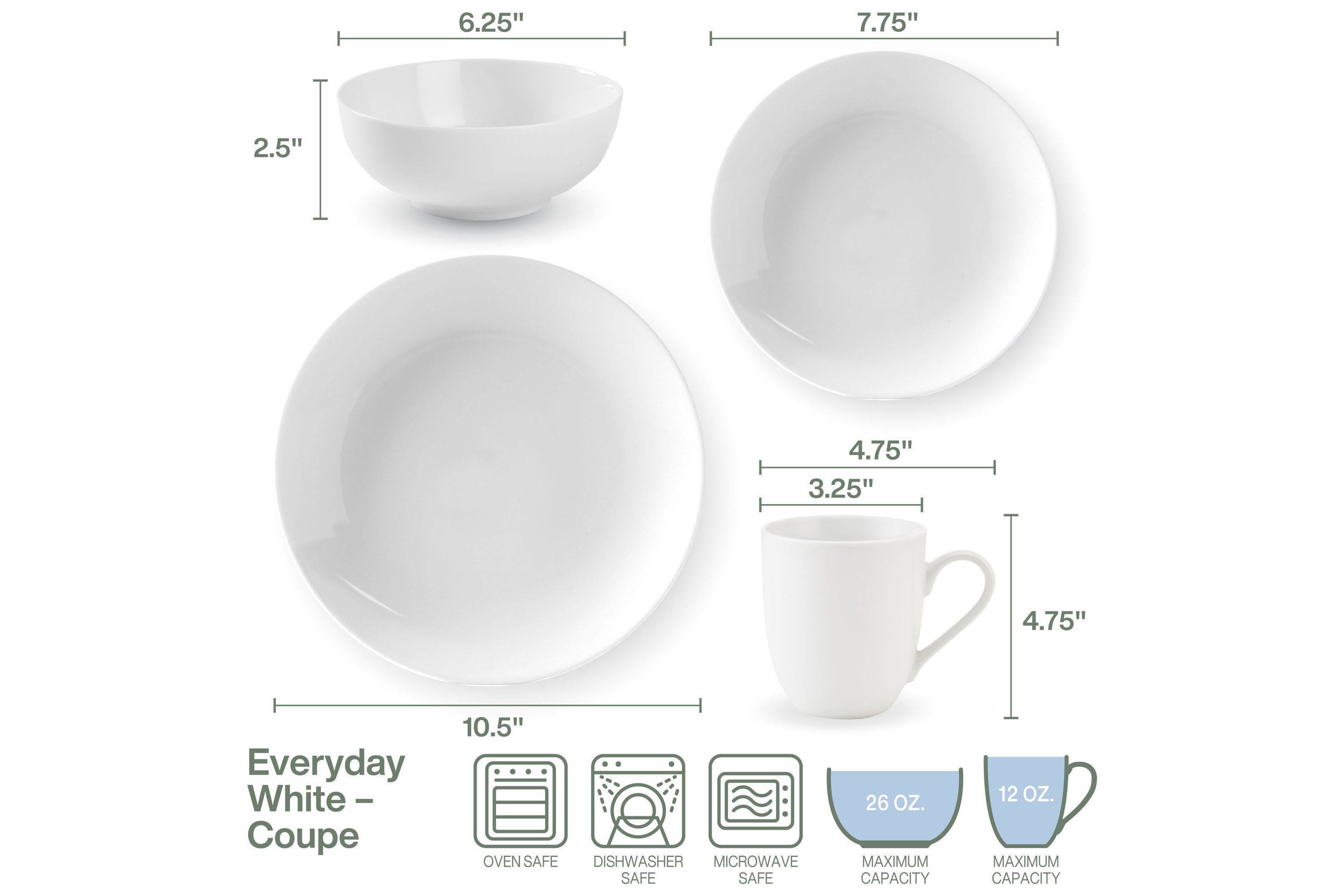 Everyday White Coupe by  16 Piece Dinnerware Set, Service for 4