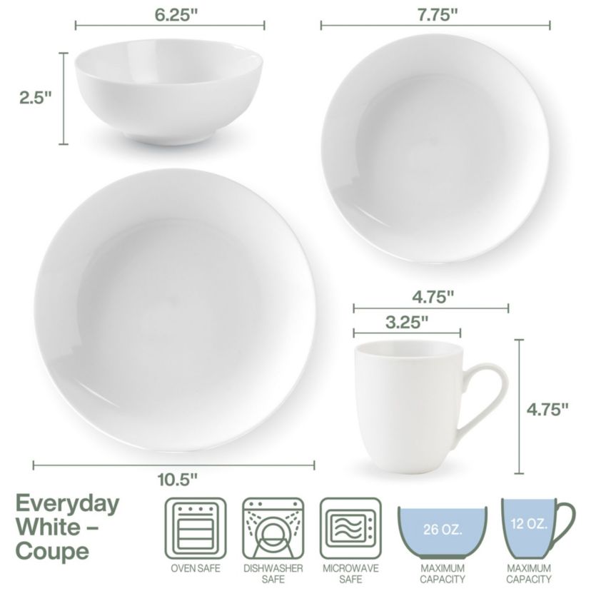 Everyday White Coupe by  16 Piece Dinnerware Set, Service for 4
