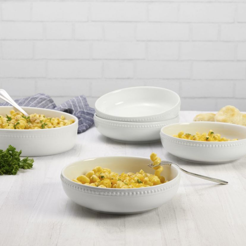 Everyday White Beaded Dinner Bowls, Set of 4