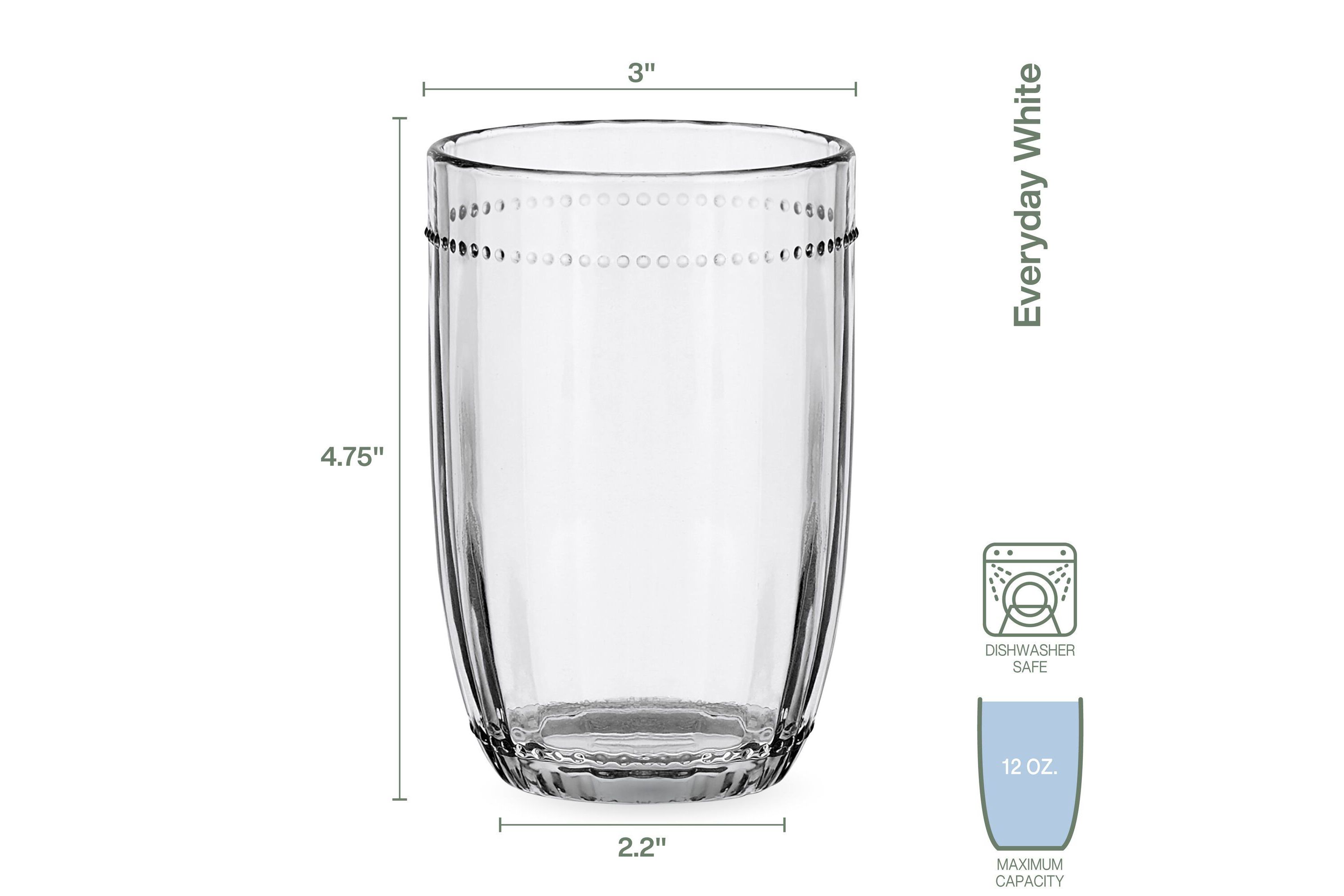 Everyday White by  Beaded Highball 12.0 Ounce Glasses, Set of 4, Clear