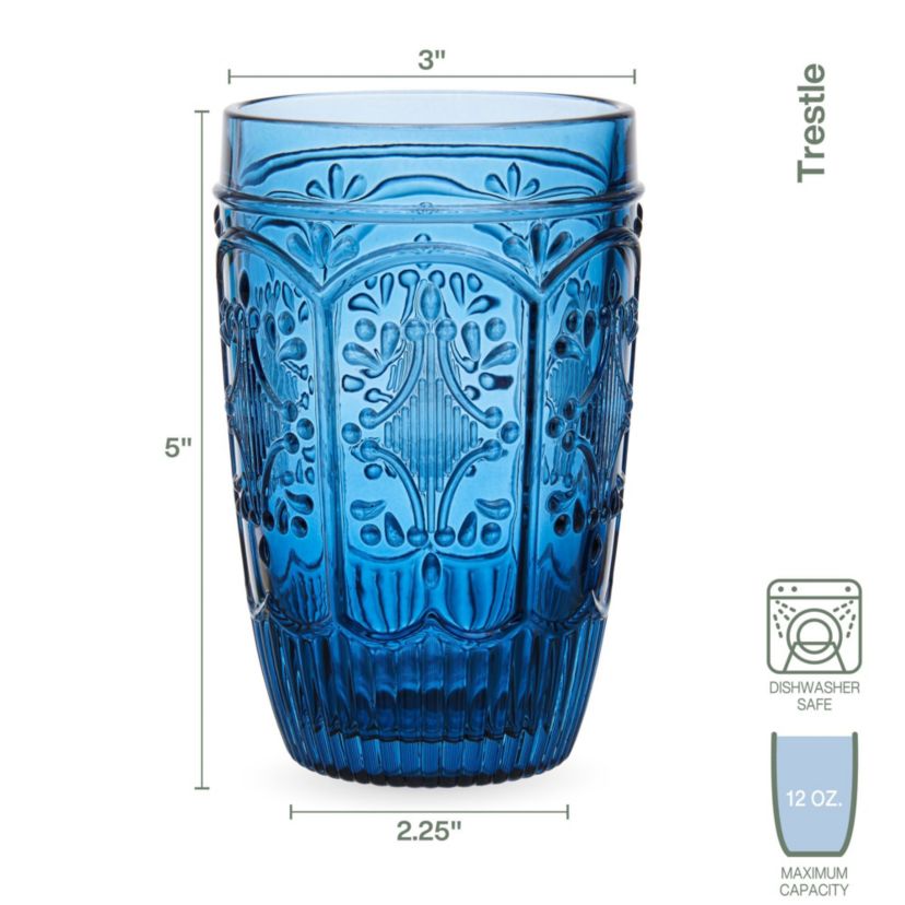 Trestle Highball Tumbler Cups, Set of 4, Blue, 12-ounce