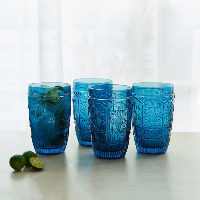 Trestle Highball Tumbler Cups, Set of 4, Blue, 12-ounce