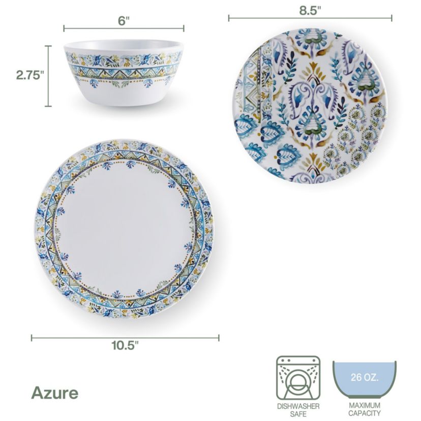 Azure 12-pc Melamine Dinnerware Set, Service for 4