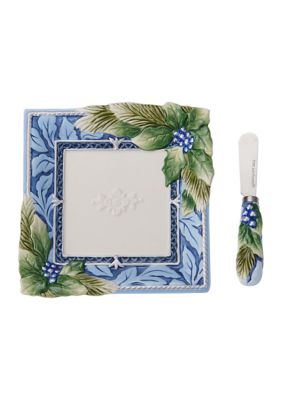 Fitz And Floyd Holiday Home Blue Snack Plate With Spreader