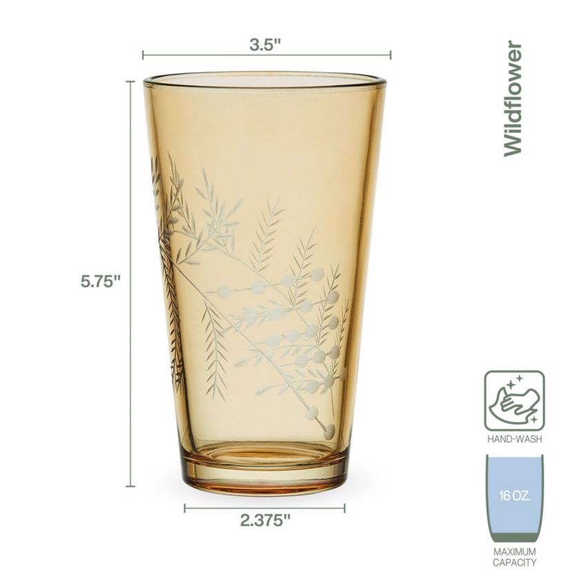 Wildflower Set of 4 Highball Tumbler Cup, 16 Ounce, Gold
