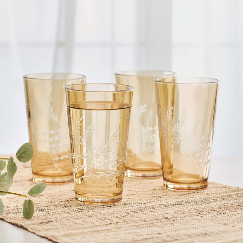 Wildflower Set of 4 Highball Tumbler Cup, 16 Ounce, Gold
