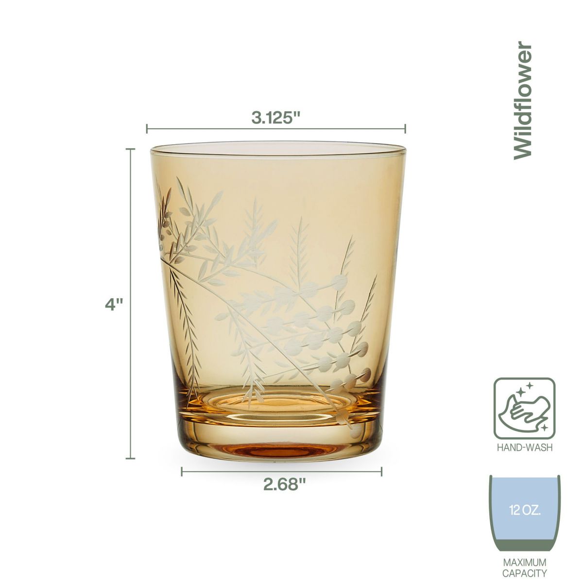 Wildflower Set of 4 Double Old Fashioned Rocks Whiskey Glass, 12 Ounce, Gold