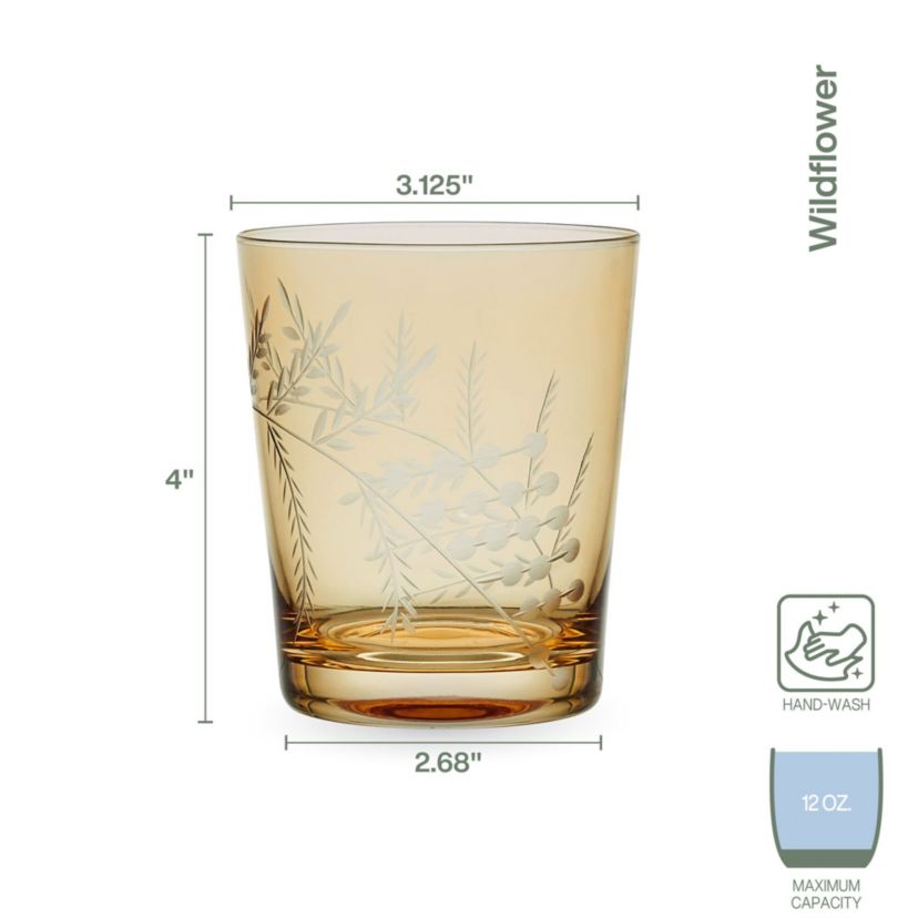 Wildflower Set of 4 Double Old Fashioned Rocks Whiskey Glass, 12 Ounce, Gold