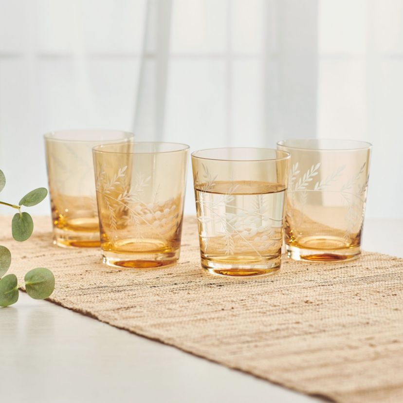 Wildflower Set of 4 Double Old Fashioned Rocks Whiskey Glass, 12 Ounce, Gold