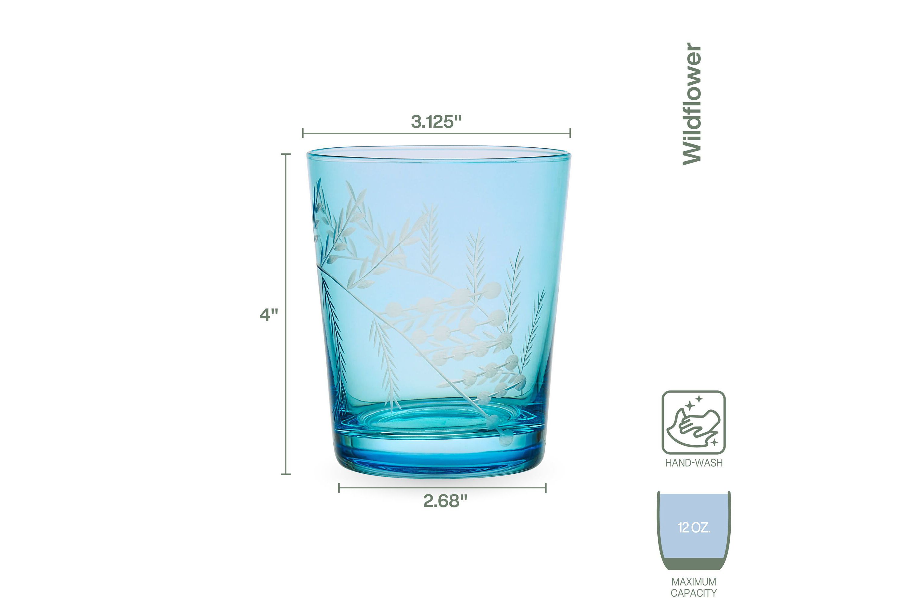 Wildflower Set of 4 Double Old Fashioned Rocks Whiskey Glass, 12 Ounce, Blue