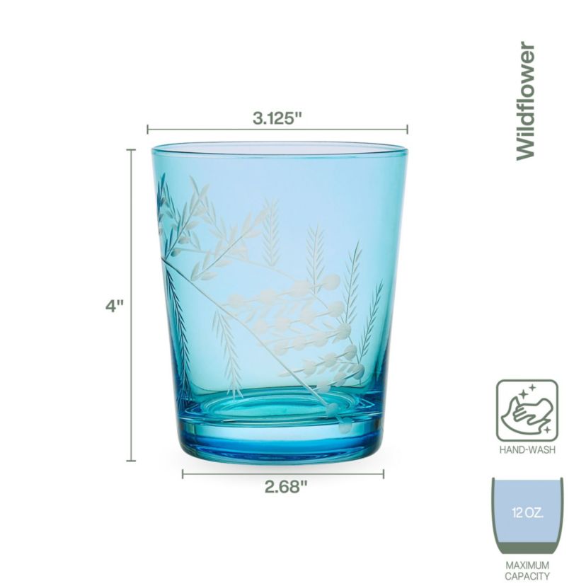 Wildflower Set of 4 Double Old Fashioned Rocks Whiskey Glass, 12 Ounce, Blue