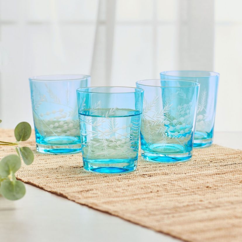 Wildflower Set of 4 Double Old Fashioned Rocks Whiskey Glass, 12 Ounce, Blue