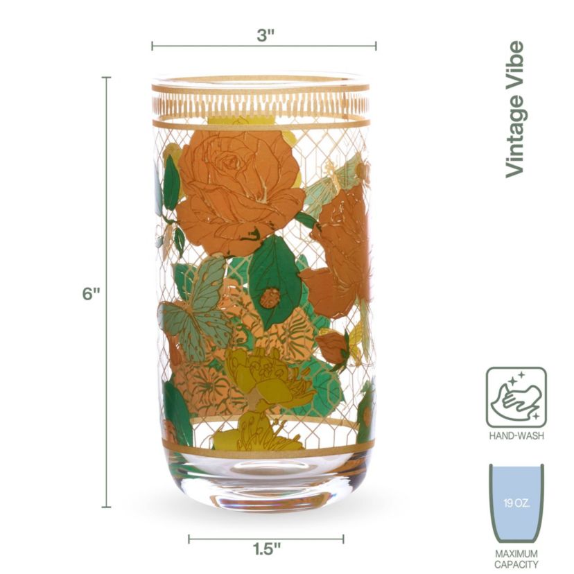 Vintage Vibe Set of 4 Highball Tumbler Juice Glass, 19 Ounce, Multicolored