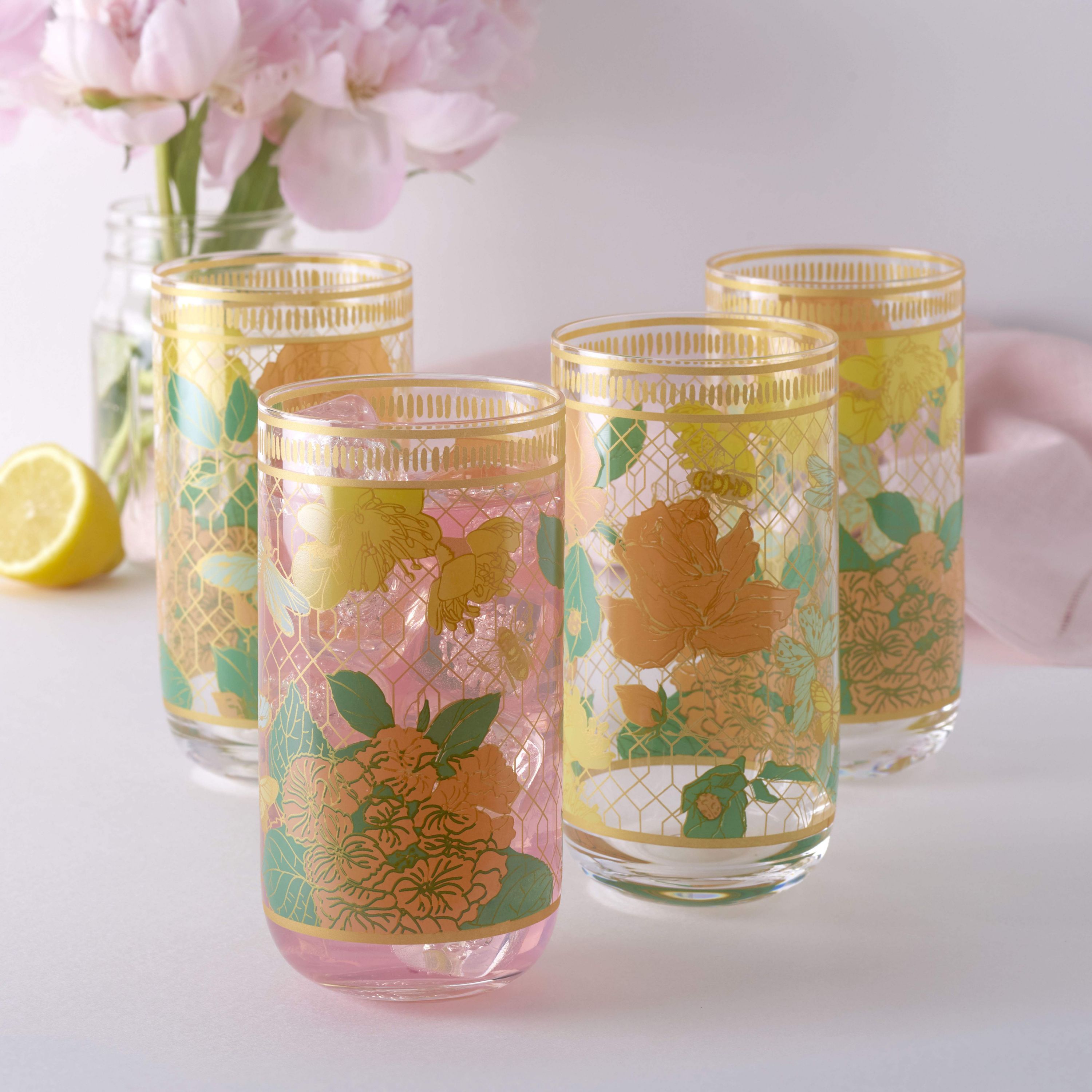 Vintage Vibe Set of 4 Highball Tumbler Juice Glass, 19 Ounce, Multicolored