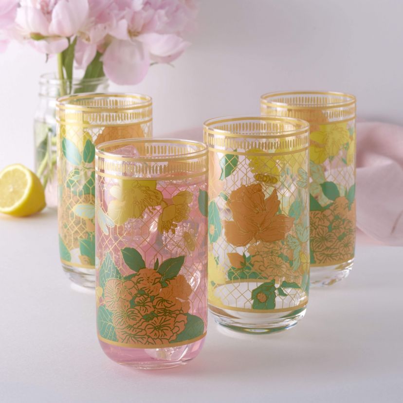 Vintage Vibe Set of 4 Highball Tumbler Juice Glass, 19 Ounce, Multicolored