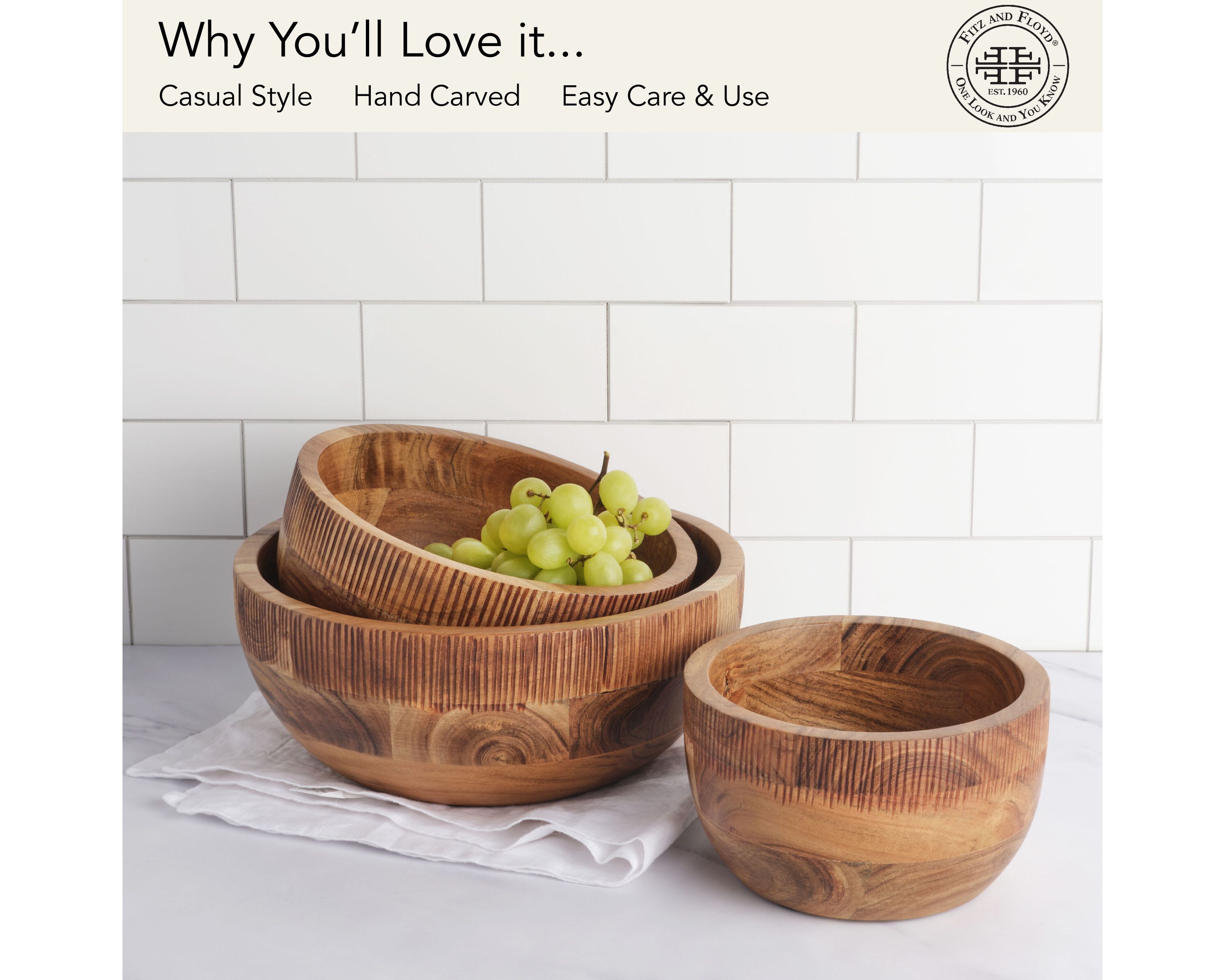 Caleb Set of 3 Natural Serve Bowls, Acacia Wood