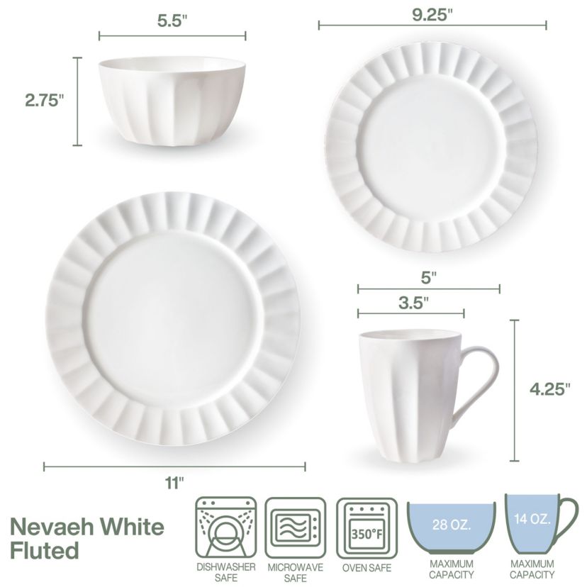 Nevaeh White Fluted 16-Piece Dinnerware Set, Service for 4