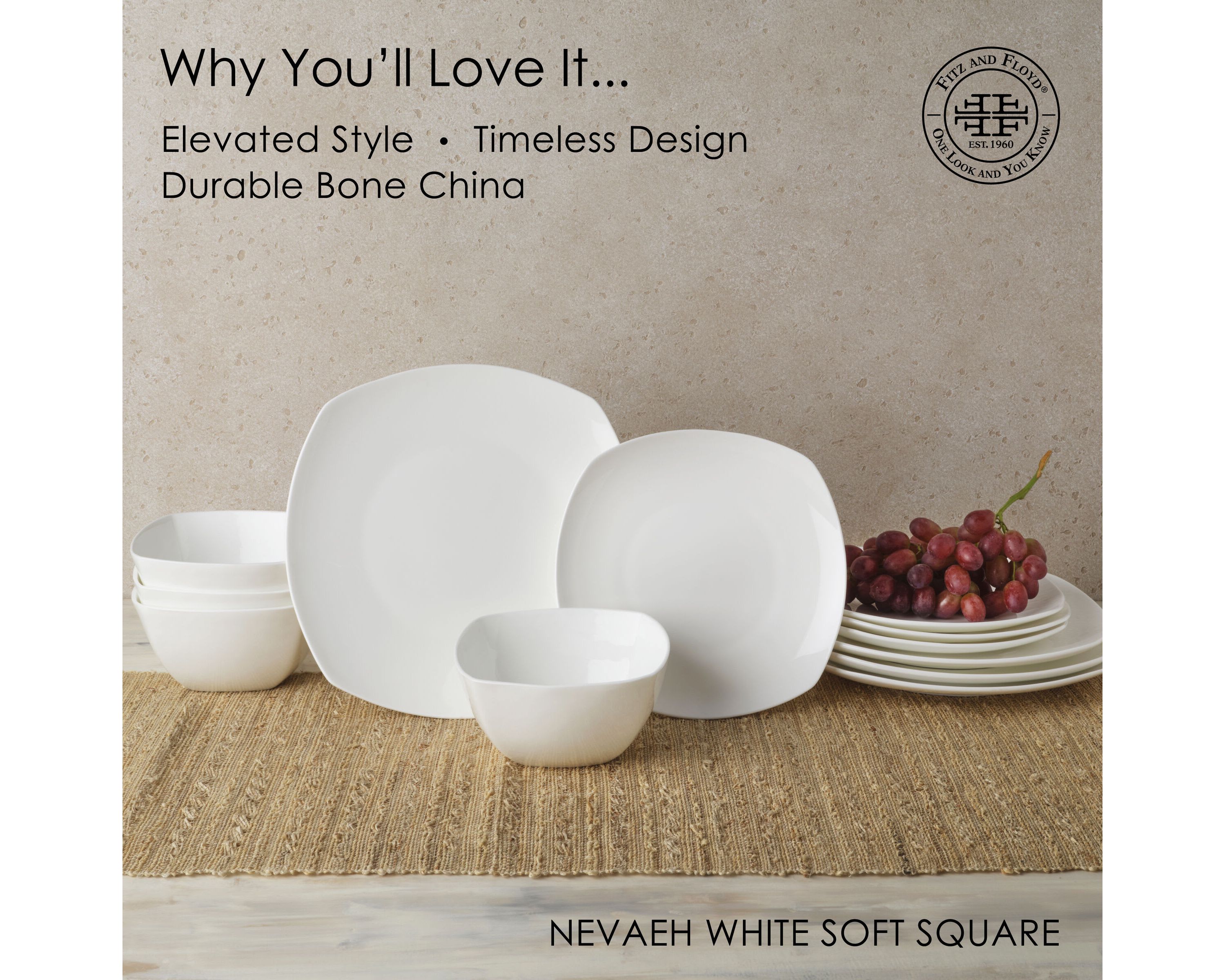 Nevaeh White Soft Square 12-Piece Dinnerware Set, Service for 4