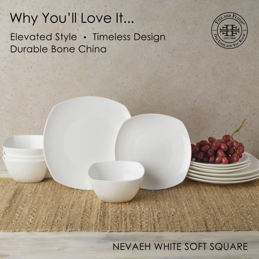 Nevaeh White Soft Square 12-Piece Dinnerware Set, Service for 4