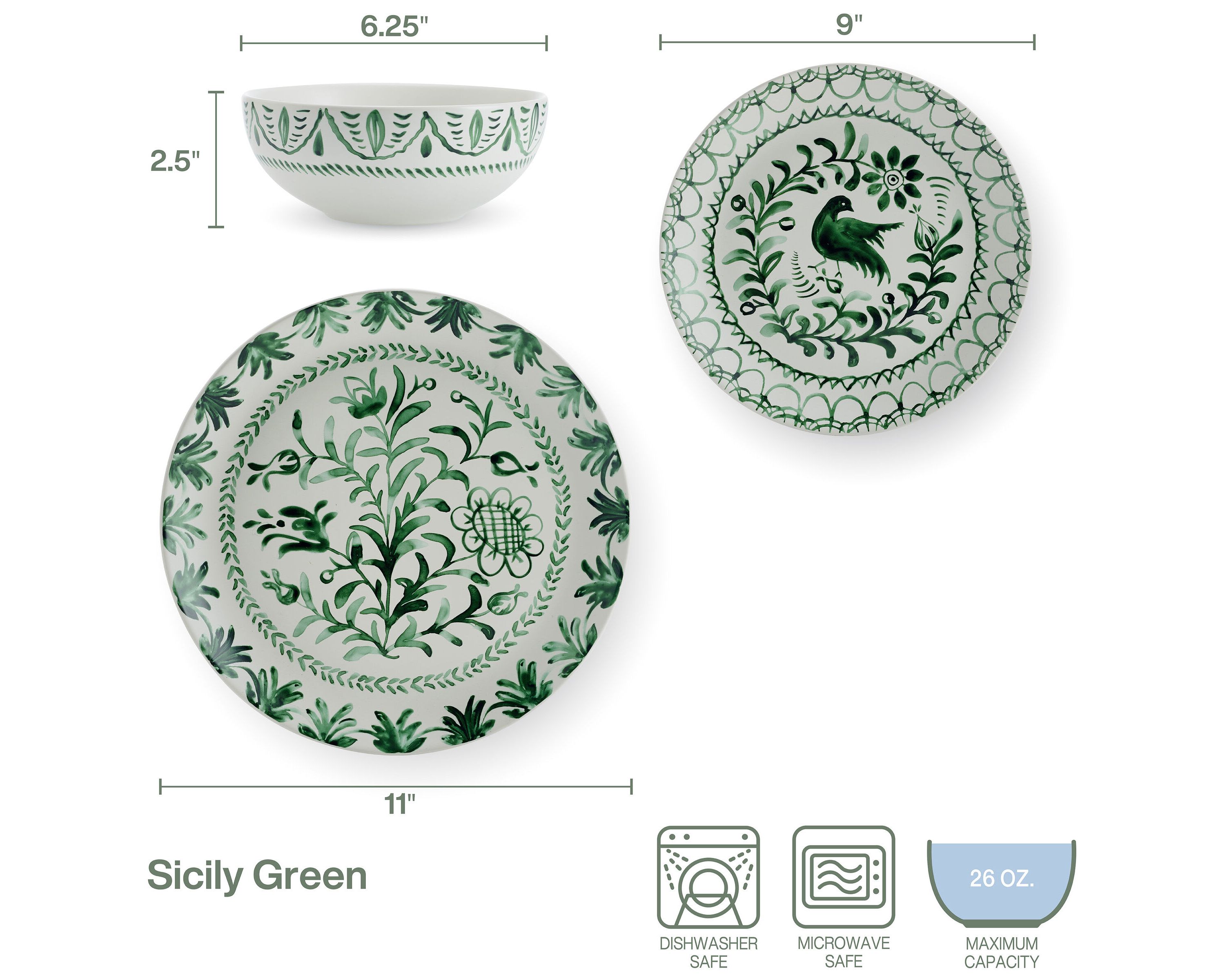 Sicily 12-Piece Dinnerware Set, Green, Service for 4