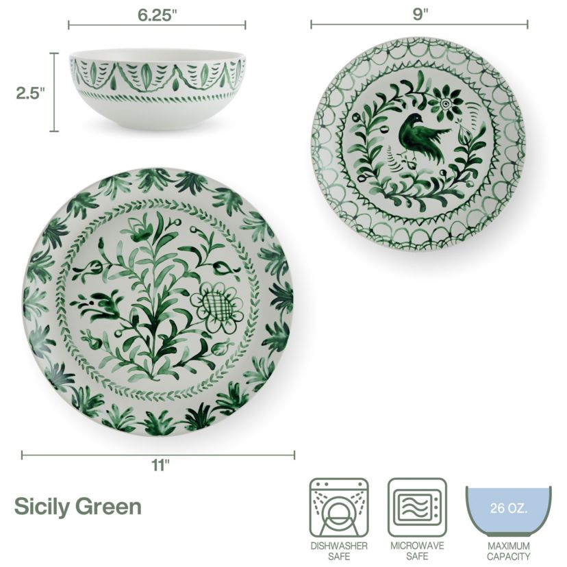 Sicily 12-Piece Dinnerware Set, Green, Service for 4