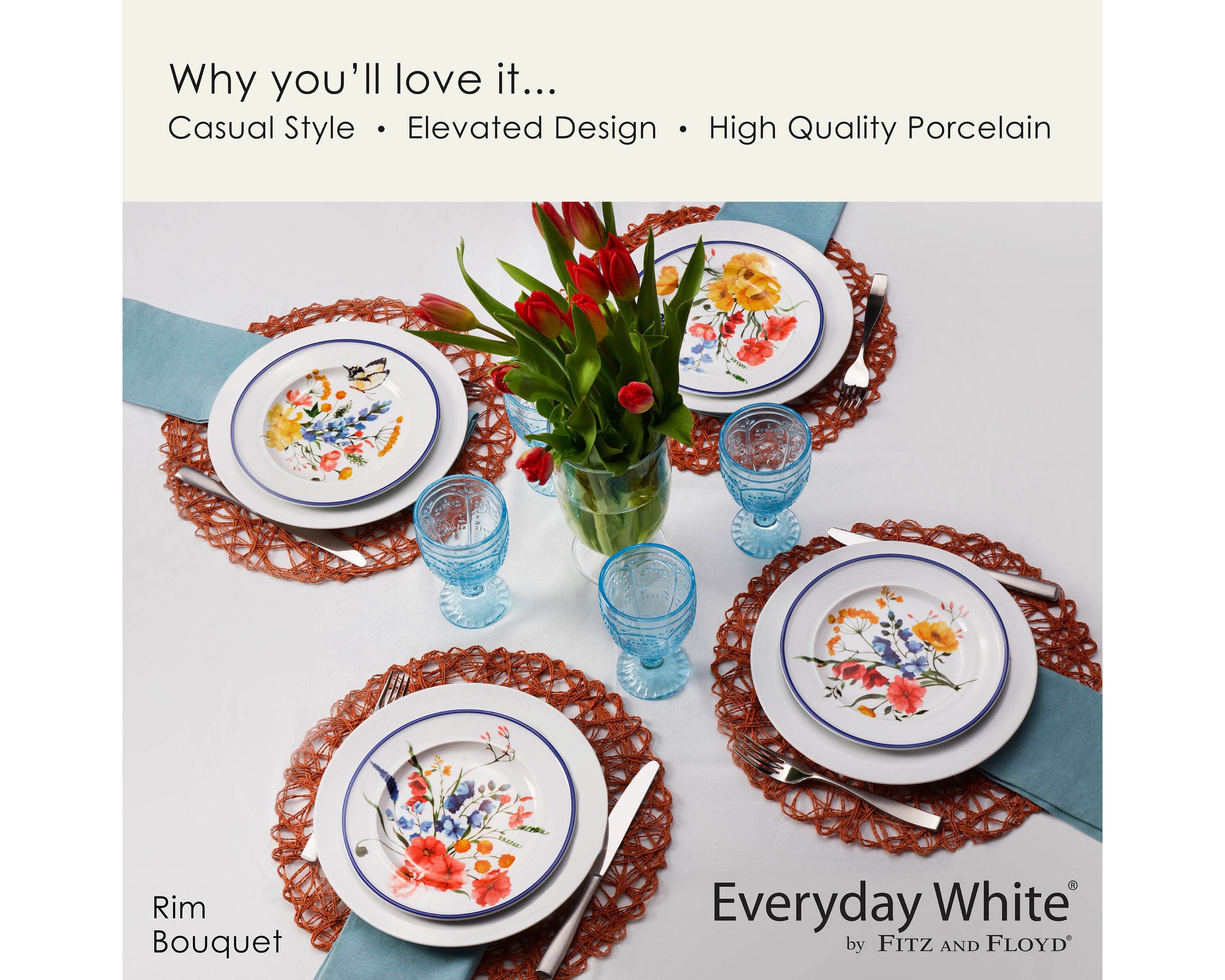 Everyday White Set of 4 Rim Salad Bouquet Plates, Assorted