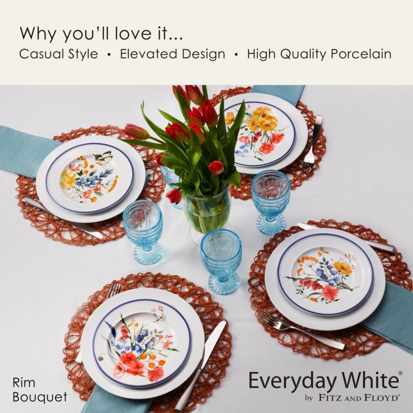 Everyday White Set of 4 Rim Salad Bouquet Plates, Assorted