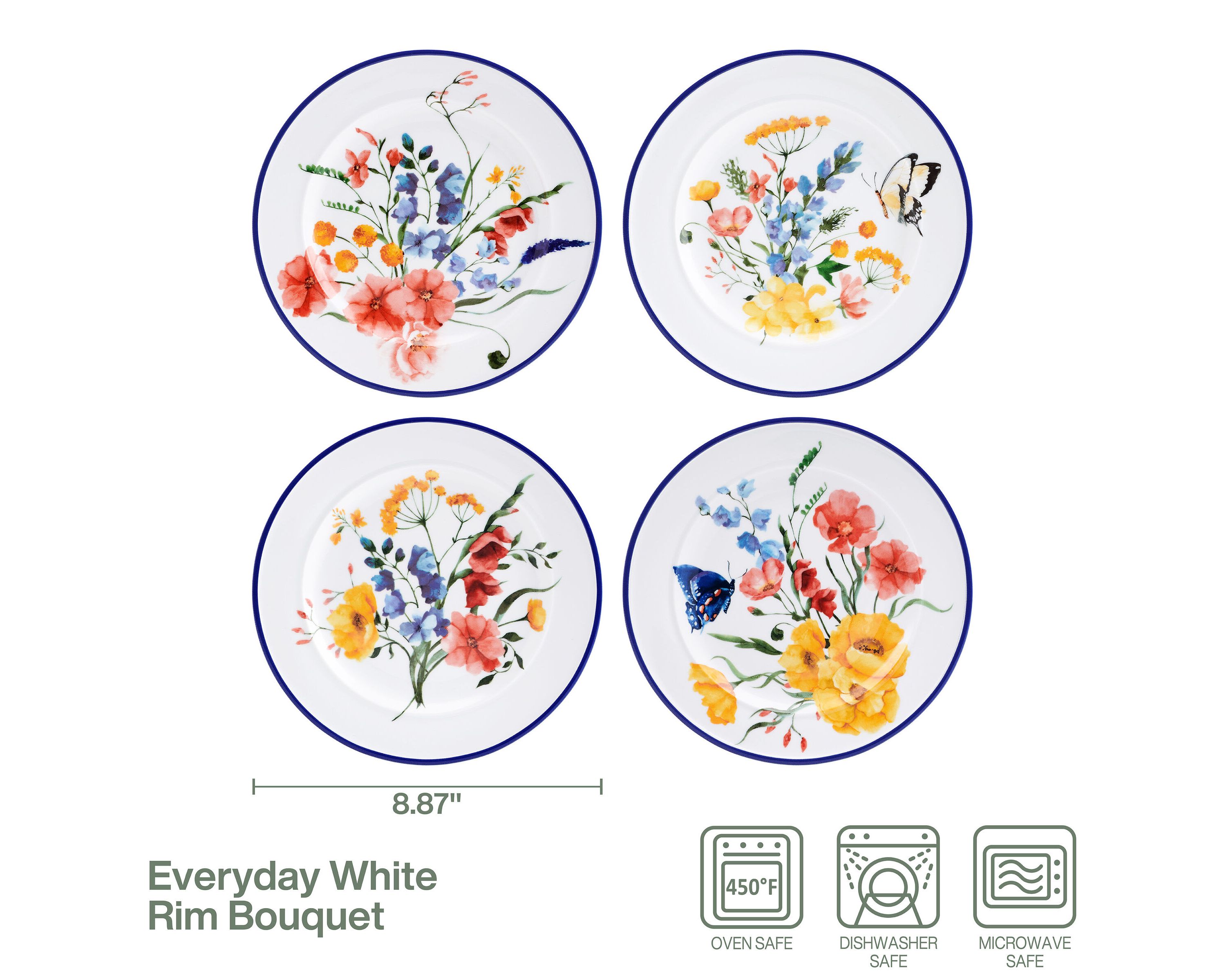 Everyday White Set of 4 Rim Salad Bouquet Plates, Assorted