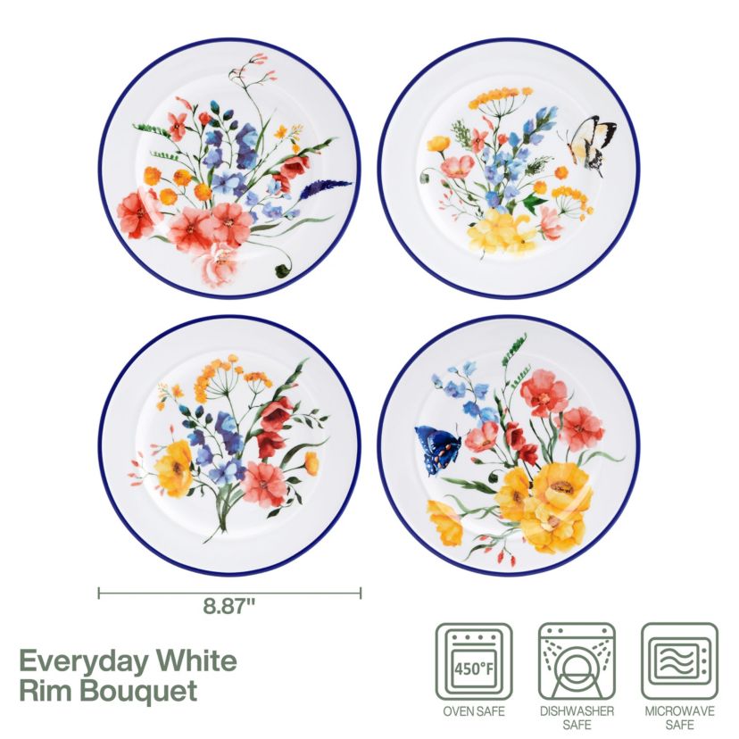 Everyday White Set of 4 Rim Salad Bouquet Plates, Assorted