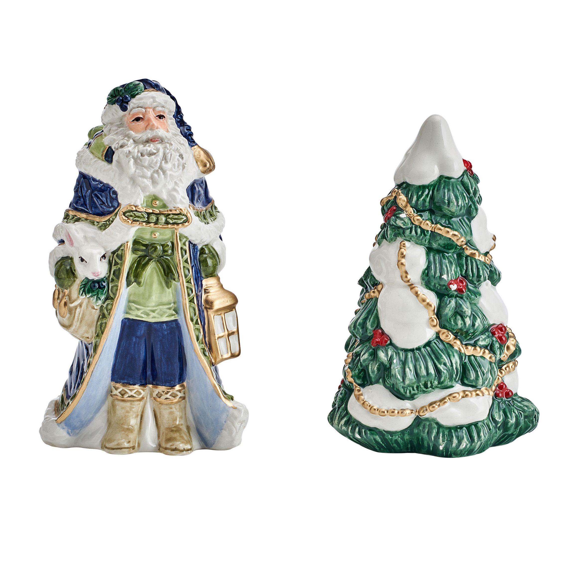 Fitz and Floyd Telluride Blue Santa and Tree Salt and Pepper Shaker Set