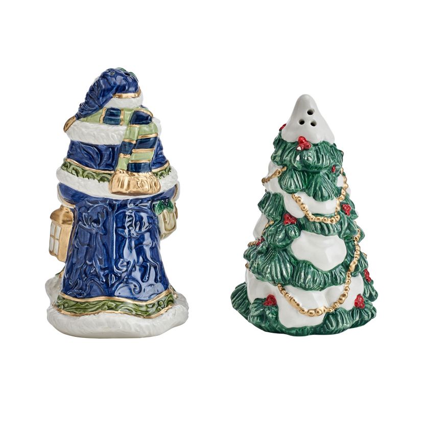 Fitz and Floyd Telluride Blue Santa and Tree Salt and Pepper Shaker Set