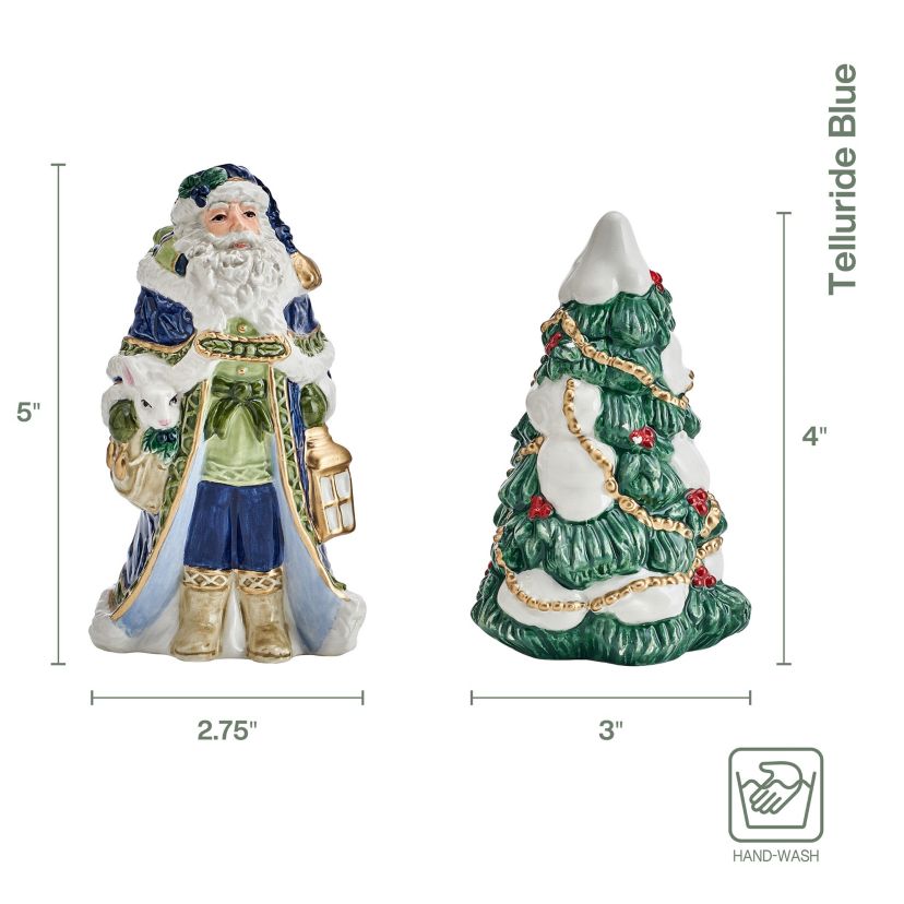 Fitz and Floyd Telluride Blue Santa and Tree Salt and Pepper Shaker Set