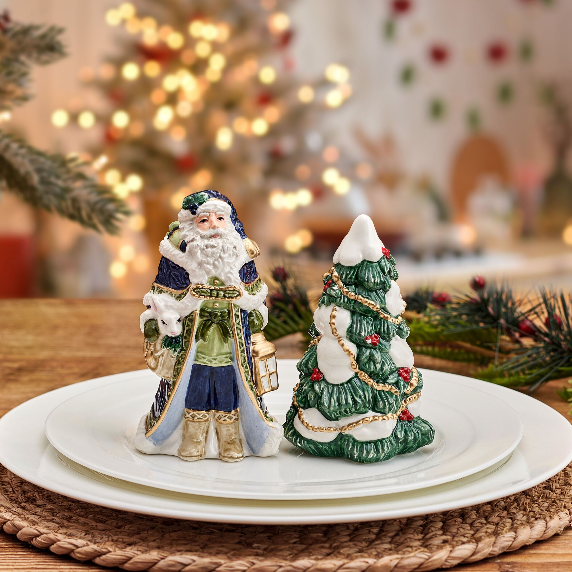 Fitz and Floyd Telluride Blue Santa and Tree Salt and Pepper Shaker Set