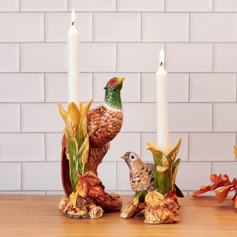 Fitz and Floyd Fall Harvest Pheasant Candleholder Pair