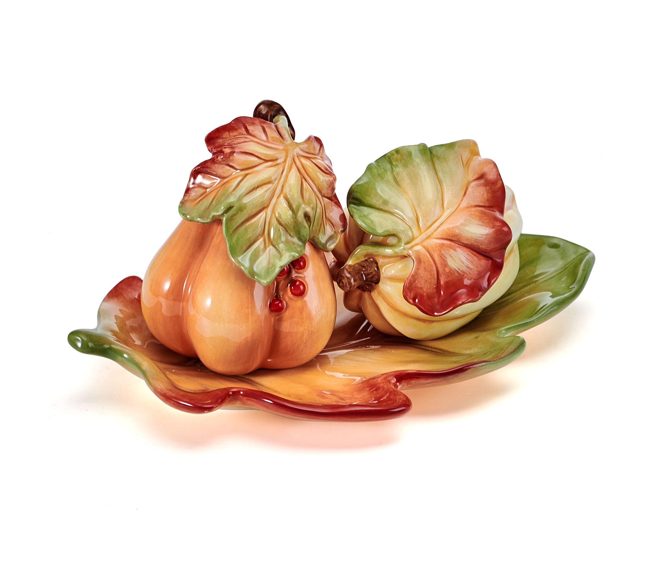 Fall Harvest Salt and Pepper Shaker w/Tray Set