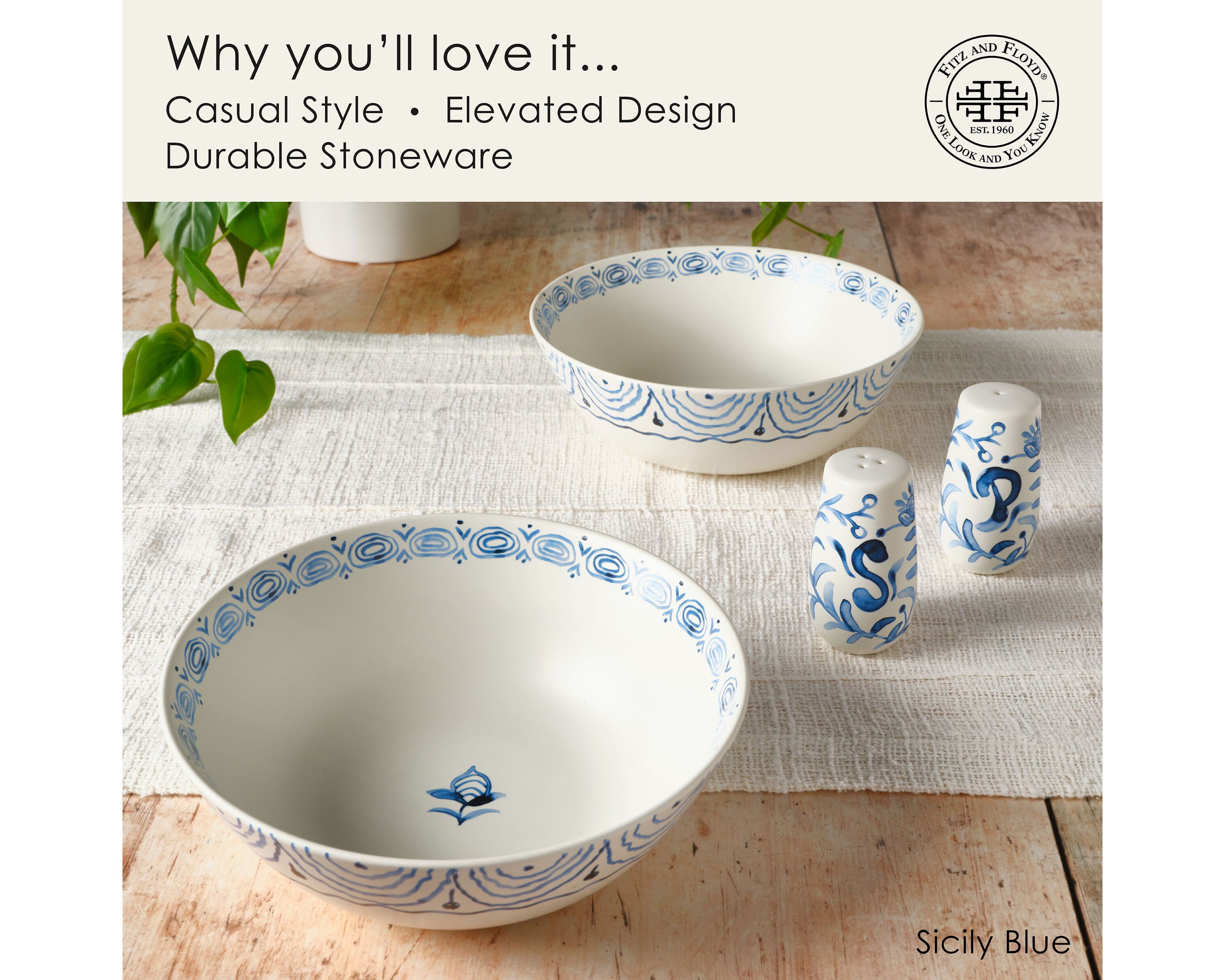Sicily Blue Serve Bowls Plus Salt and Pepper Set