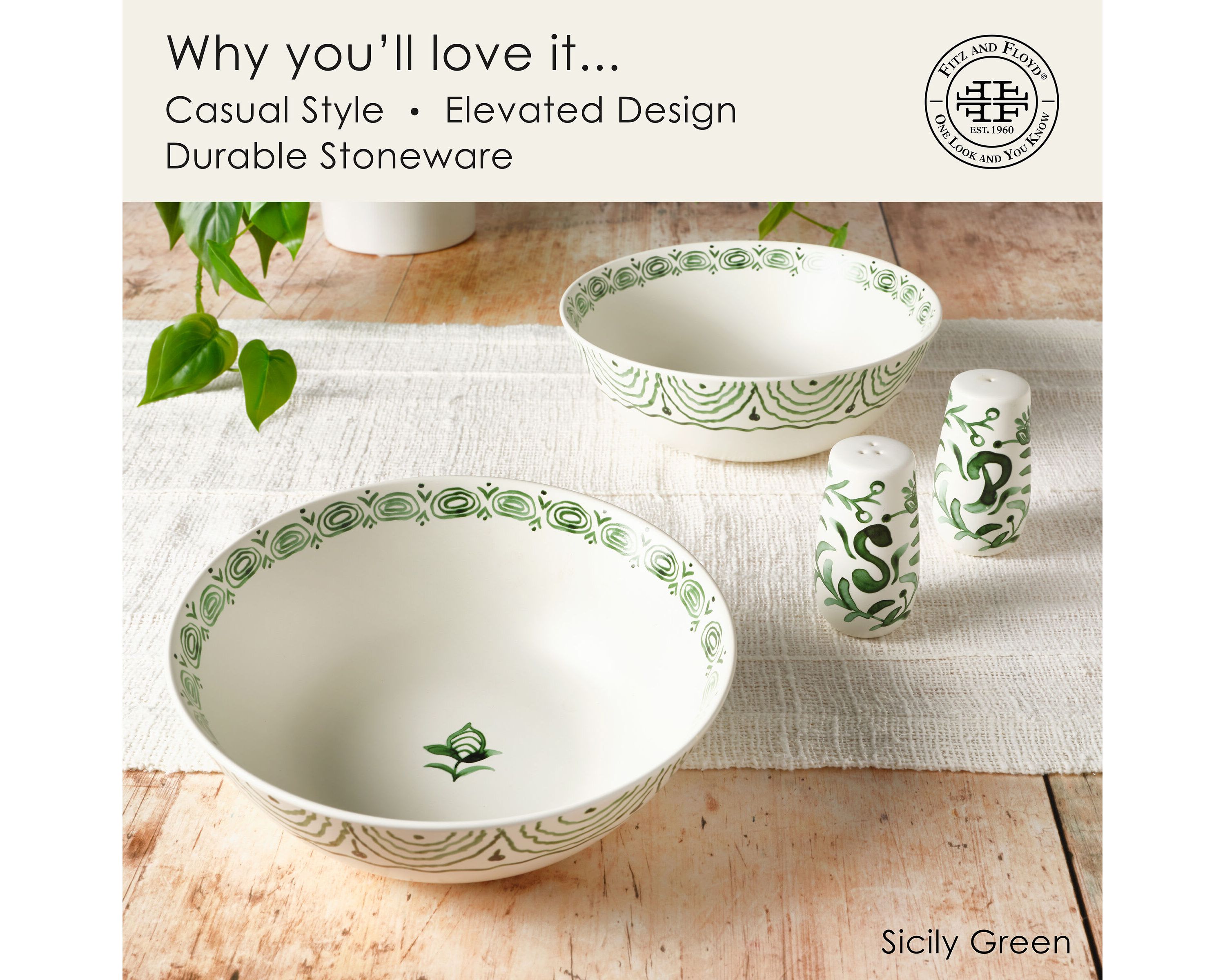 Sicily Green Serve Bowls Plus Salt and Pepper Set