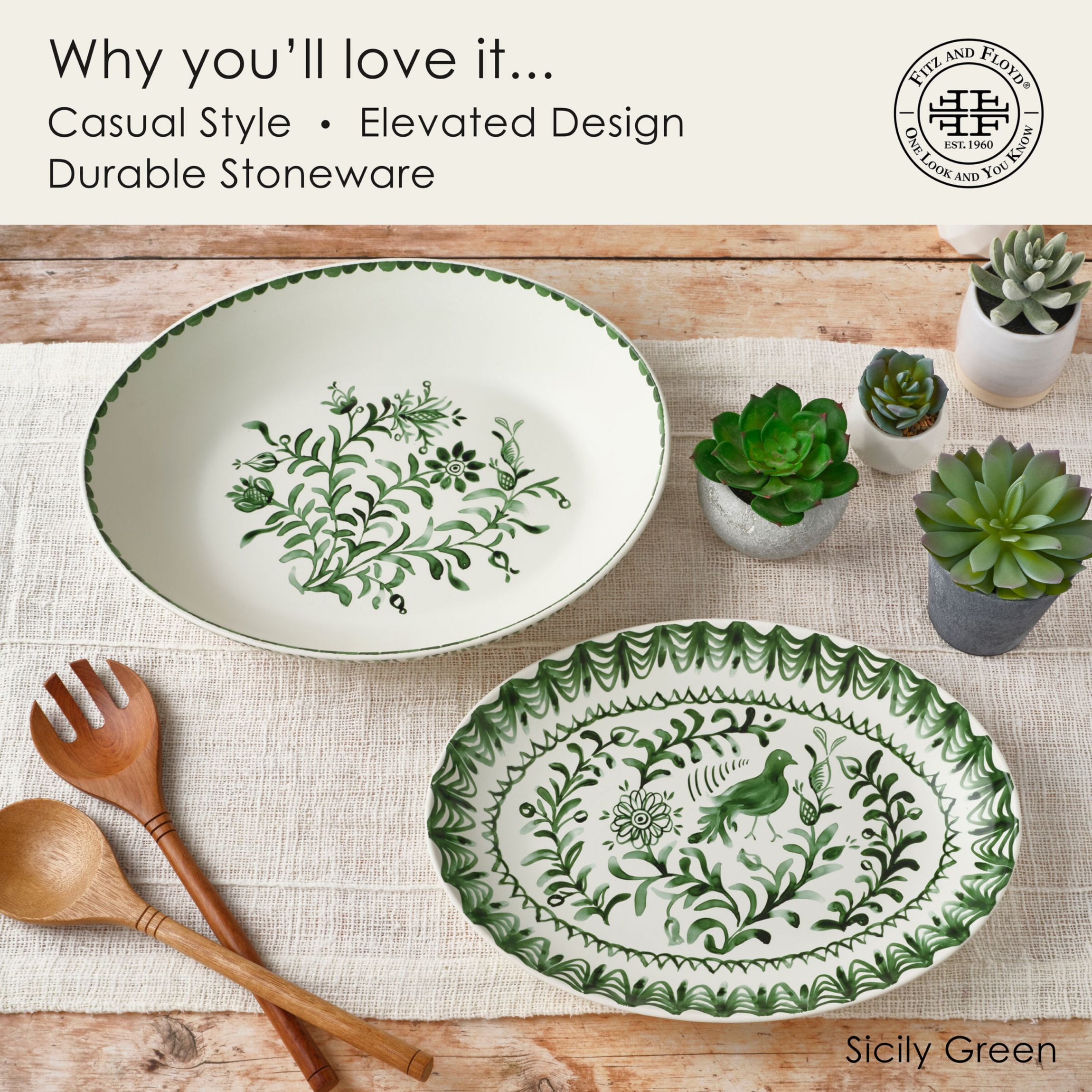 Sicily Green Serve Bowl and Platter Set
