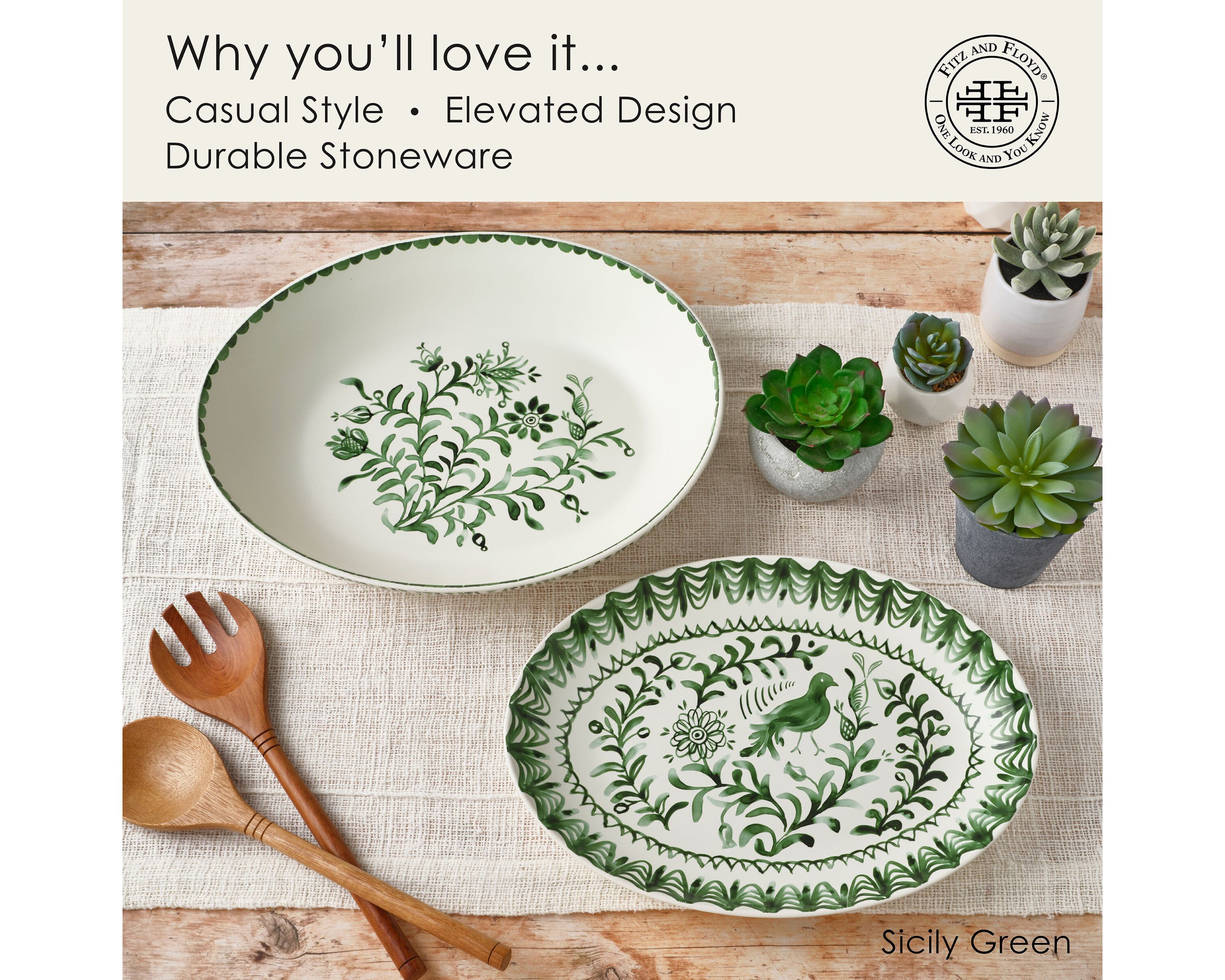 Sicily Green Serve Bowl and Platter Set