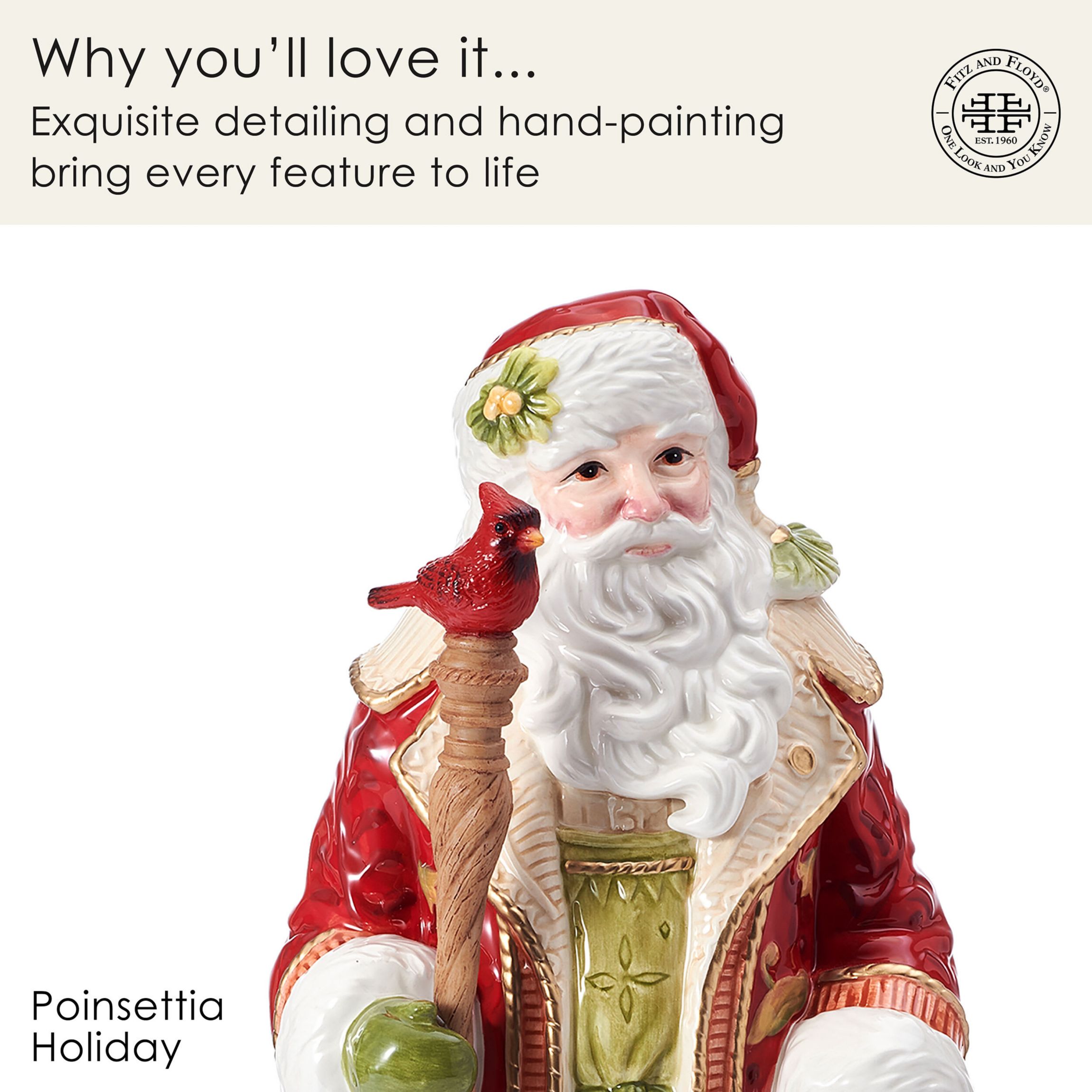Fitz and Floyd Poinsettia Holiday Santa Figurine